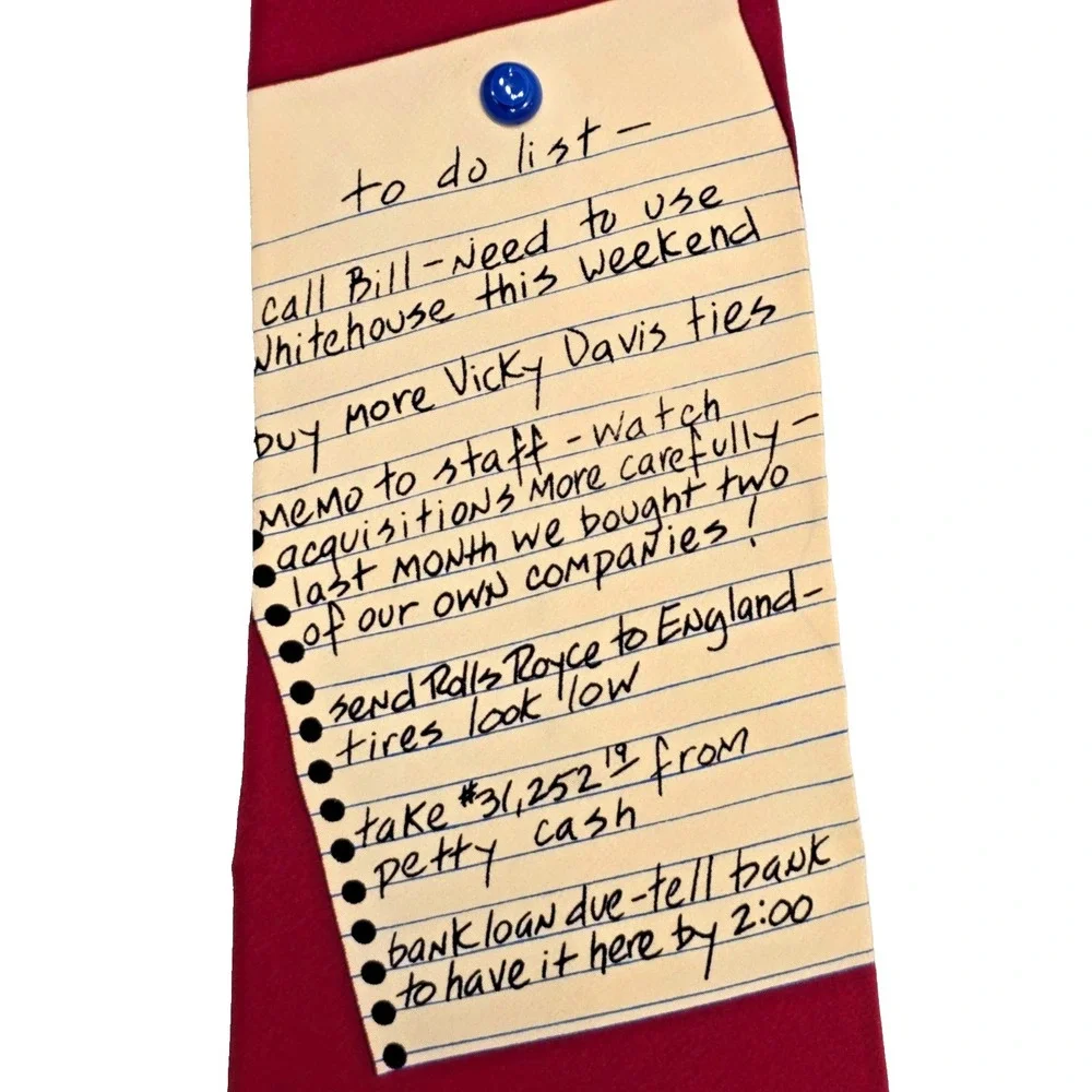 Vicky Davis Silk‎ Novelty Tie To Do List Bill Clinton Era Humor Men's Vintage